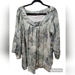 Dressbarn Size 2X Blouse 3/4 Sleeve 2 Layer Paisley Green Browm Metallic Blouse